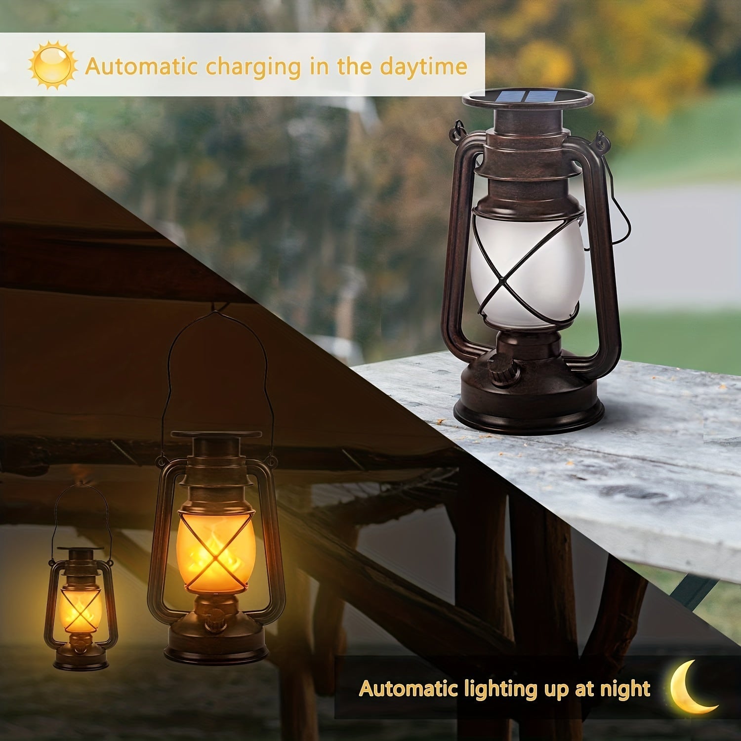 Set of 2 Solar Lanterns – Vintage Dancing Flame LED Lights for Garden and Patio