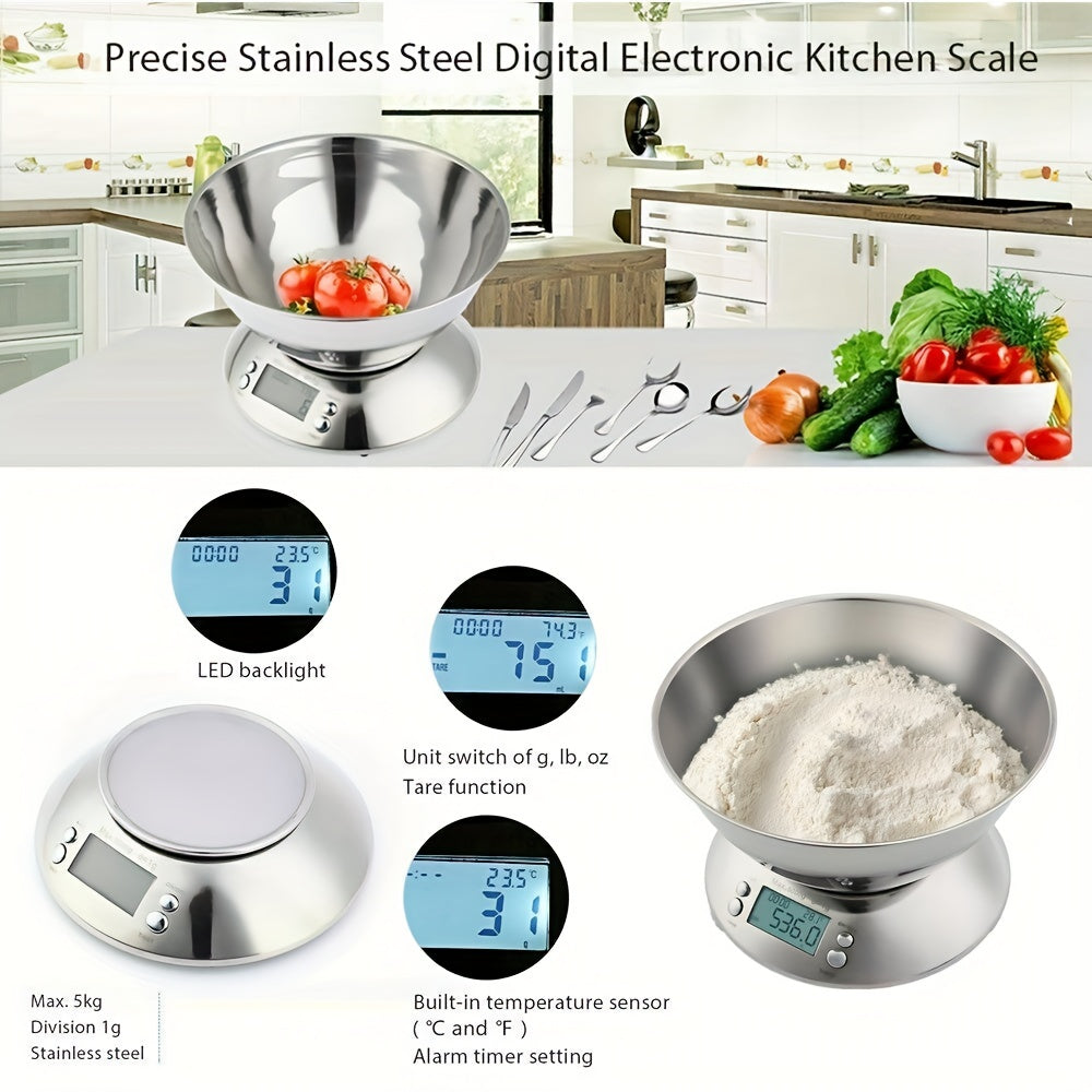 Digital Kitchen Scale with Stainless Steel Bowl – Precision with Temperature Sensor and Countdown Function for Baking and Cooking