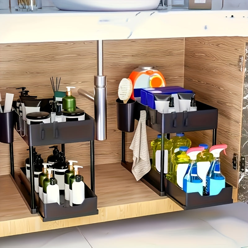 2-Tier Organizer with Hooks and Cup – Smart and Stable Storage System for Under-Counter or Countertop