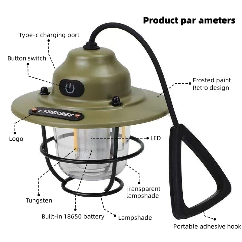 Vintage LED Camping Lantern - Rechargeable and Durable for Outdoor Adventures