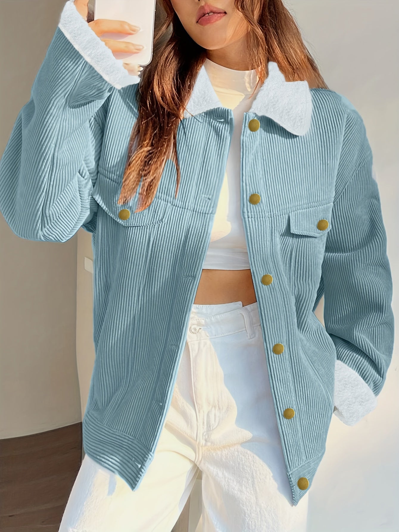 Stylish Autumn and Winter Women's Coat – Solid Color with Collar and Buttons