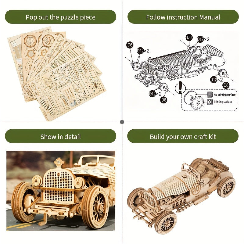 Vintage 3D Wooden Car Puzzle – Mechanical Model with Gears and Detailed Design