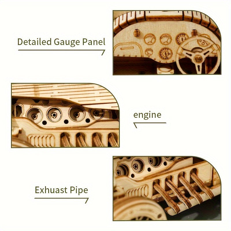 Vintage 3D Wooden Car Puzzle – Mechanical Model with Gears and Detailed Design