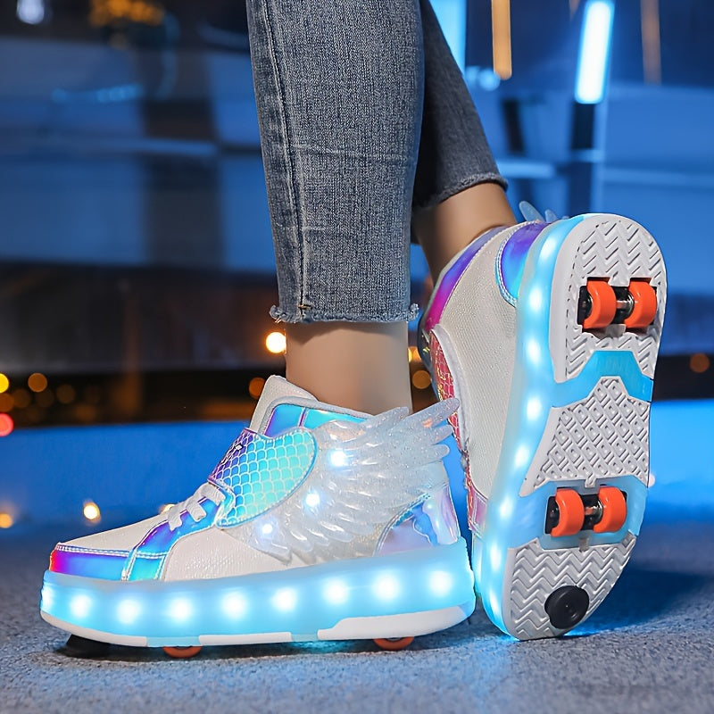 Glowing Roller Skate Sneakers with Wings – USB Rechargeable for Girls and Teens