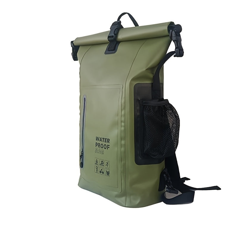 Waterproof 25L Roll-Top Backpack with Multiple Pockets, Sturdy Buckle Seal, and Mesh Side Pocket