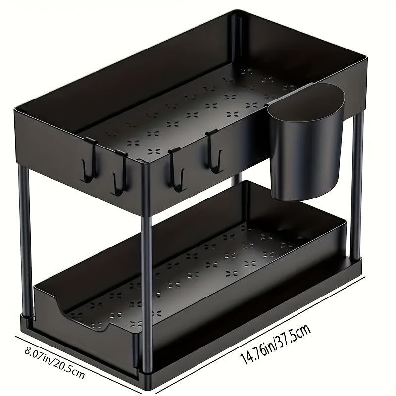 2-Tier Organizer with Hooks and Cup – Smart and Stable Storage System for Under-Counter or Countertop