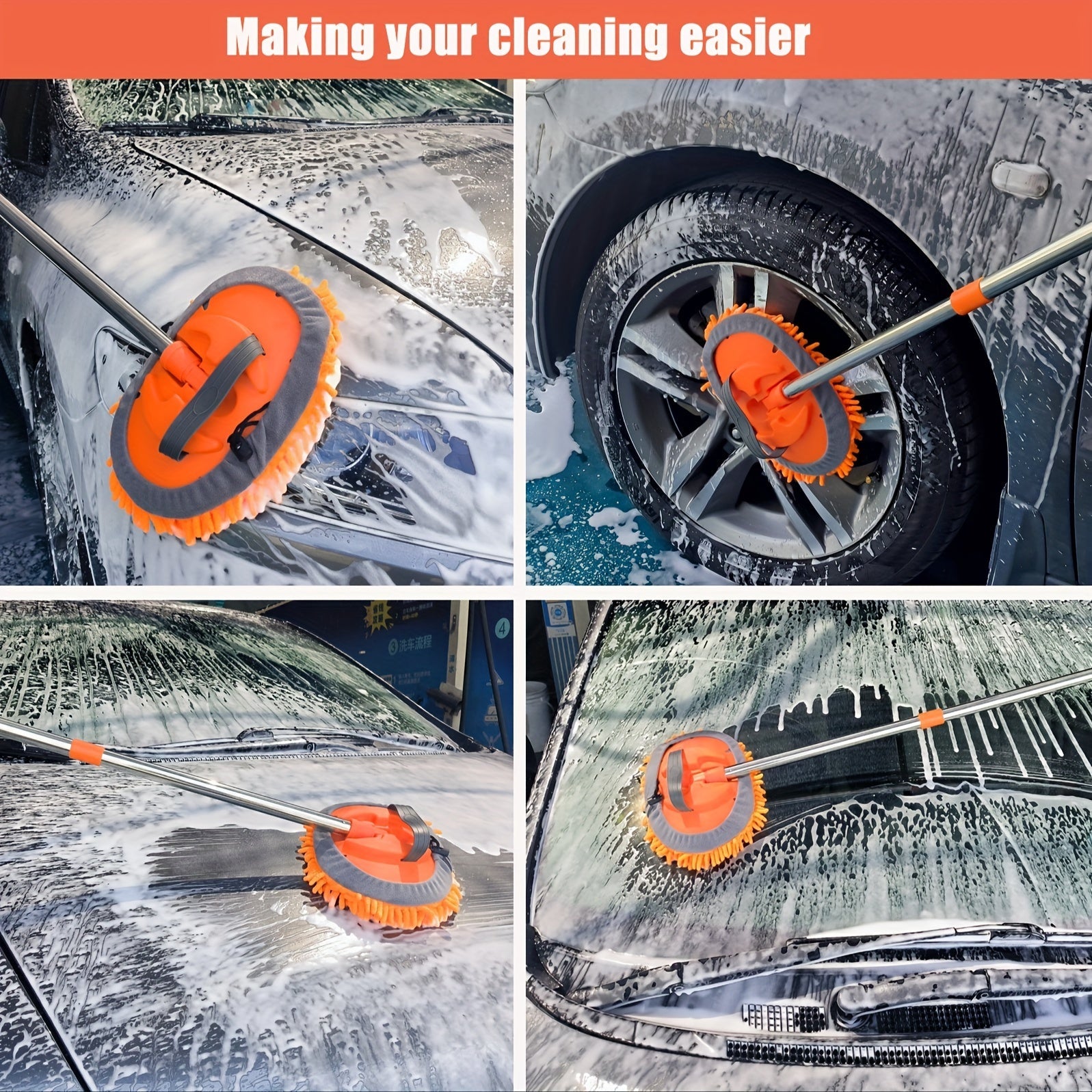 Microfiber Car Wash Brush with Long Handle – Removable Mop Head for Scratch-Free Cleaning