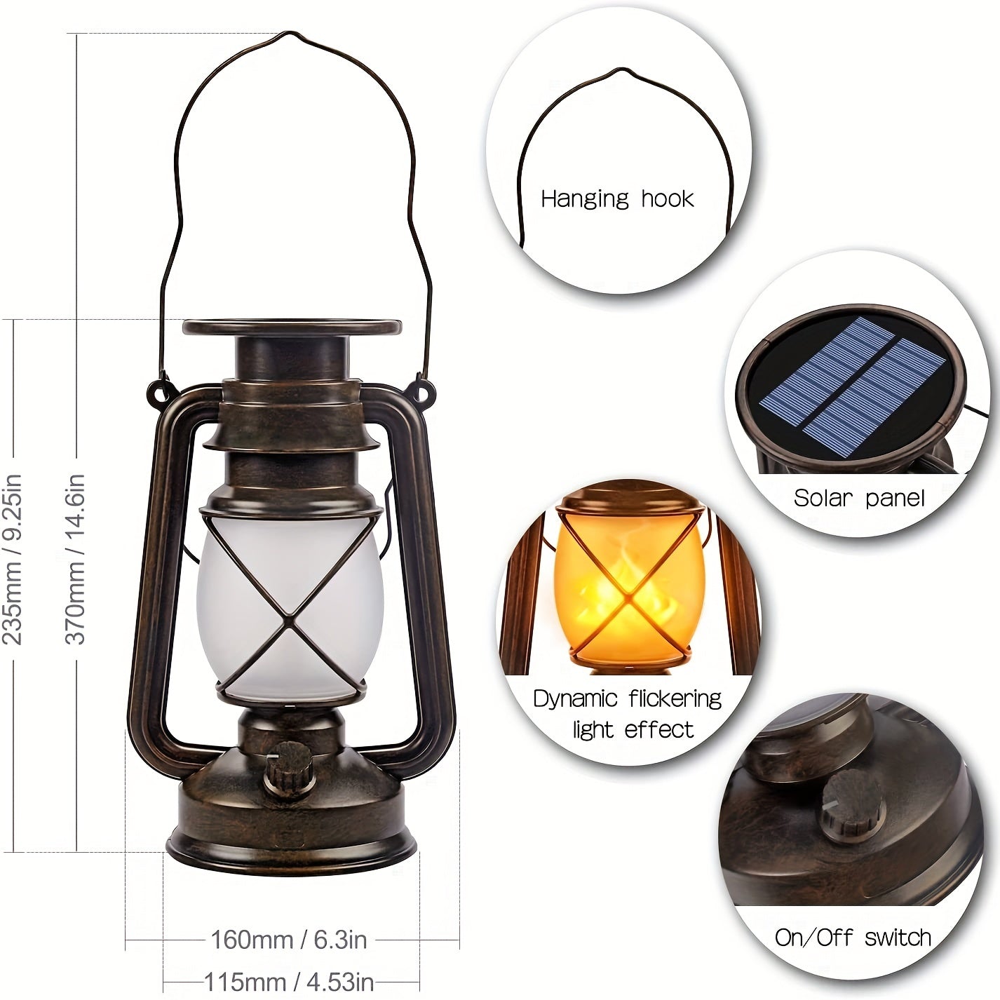 Set of 2 Solar Lanterns – Vintage Dancing Flame LED Lights for Garden and Patio