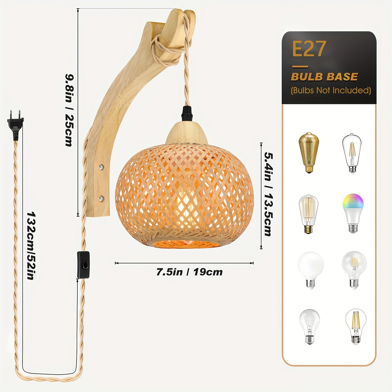 Rustic Bamboo Wall Lamp – Woven Shade with Plug-In Vintage Style