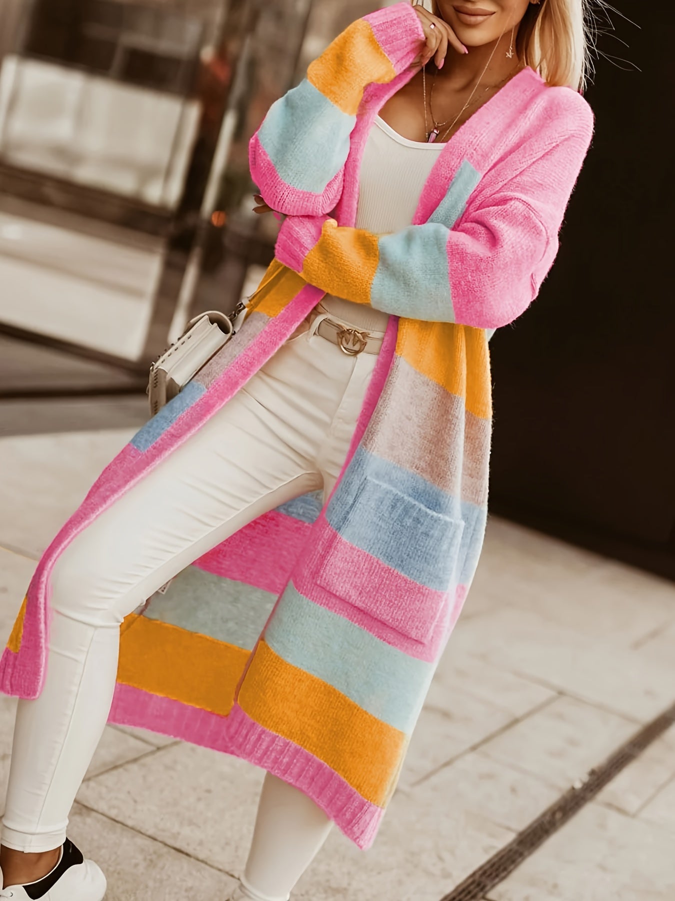 Color Block Open Front Cardigan – A Playful and Stylish Choice for Spring and Autumn