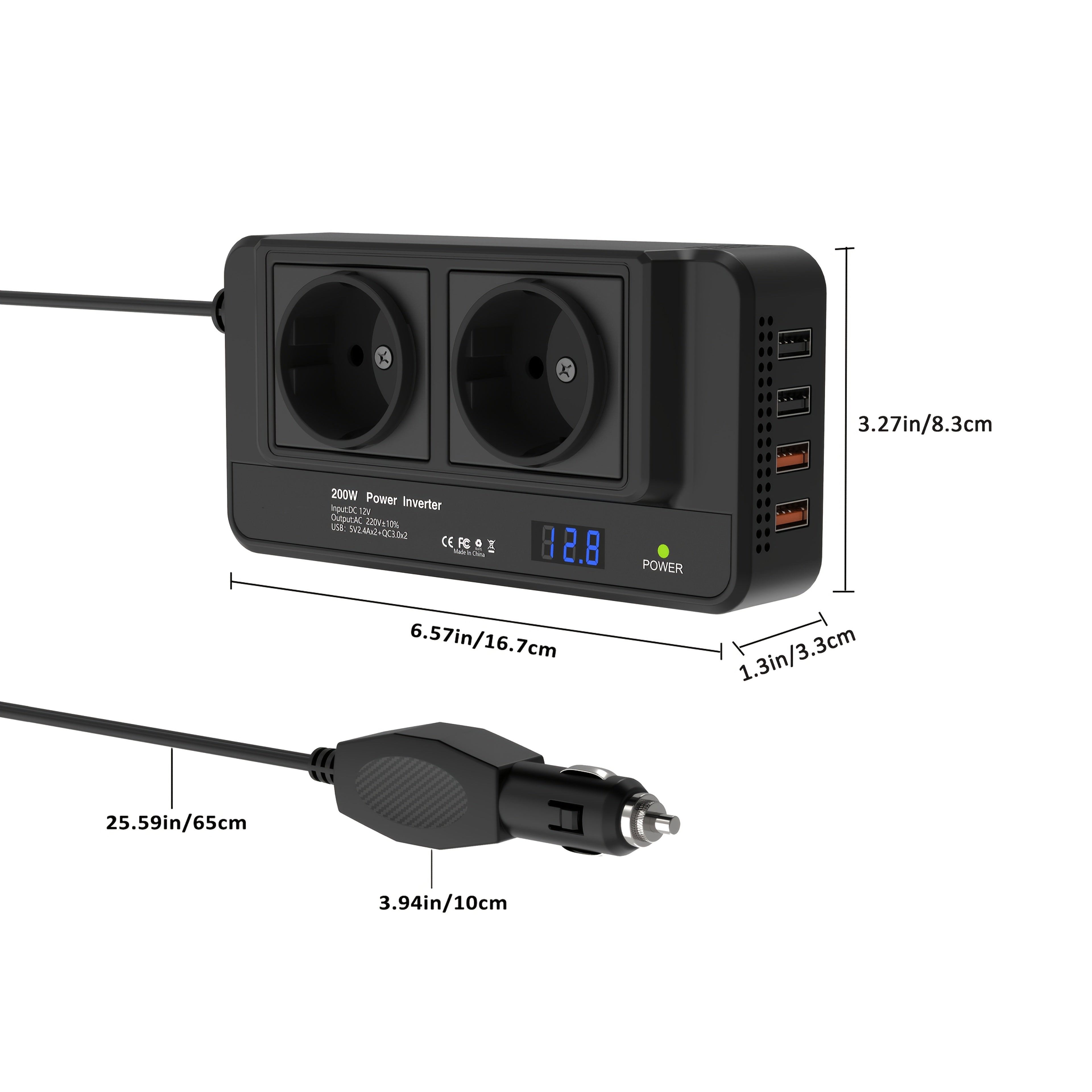 Compact 200W Car Power Inverter – Dual Sockets & Quad USB