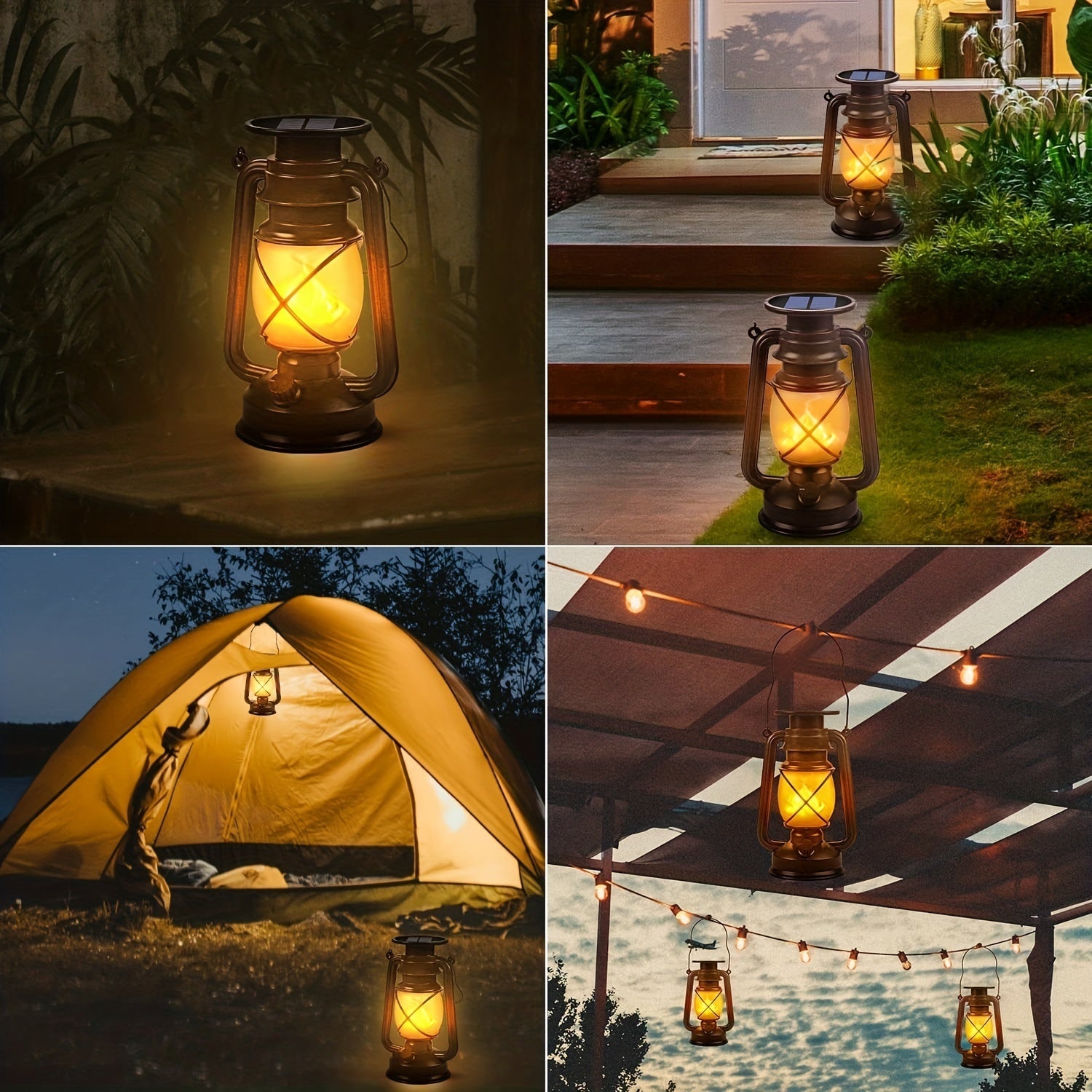 Set of 2 Solar Lanterns – Vintage Dancing Flame LED Lights for Garden and Patio