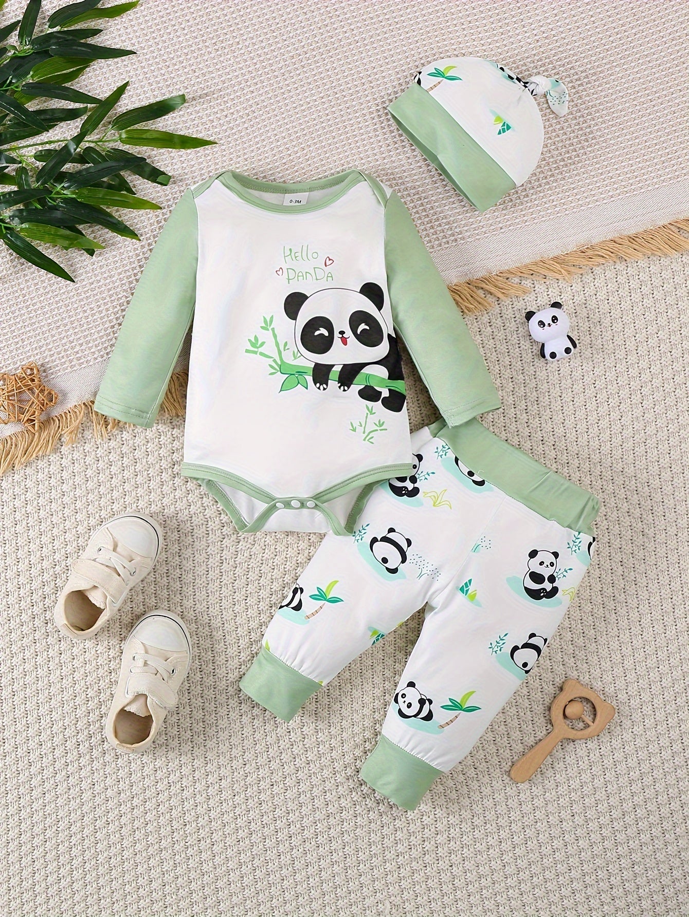 Cute Baby Panda Set – Romper, Pants, and Hat for Outdoor Adventures