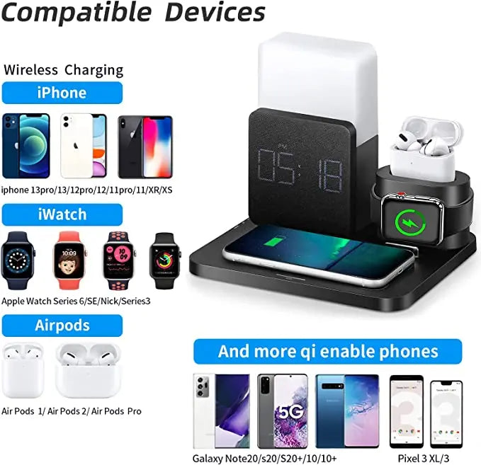 Multi-Function Wireless Charging Station – Lamp and Alarm Clock Included