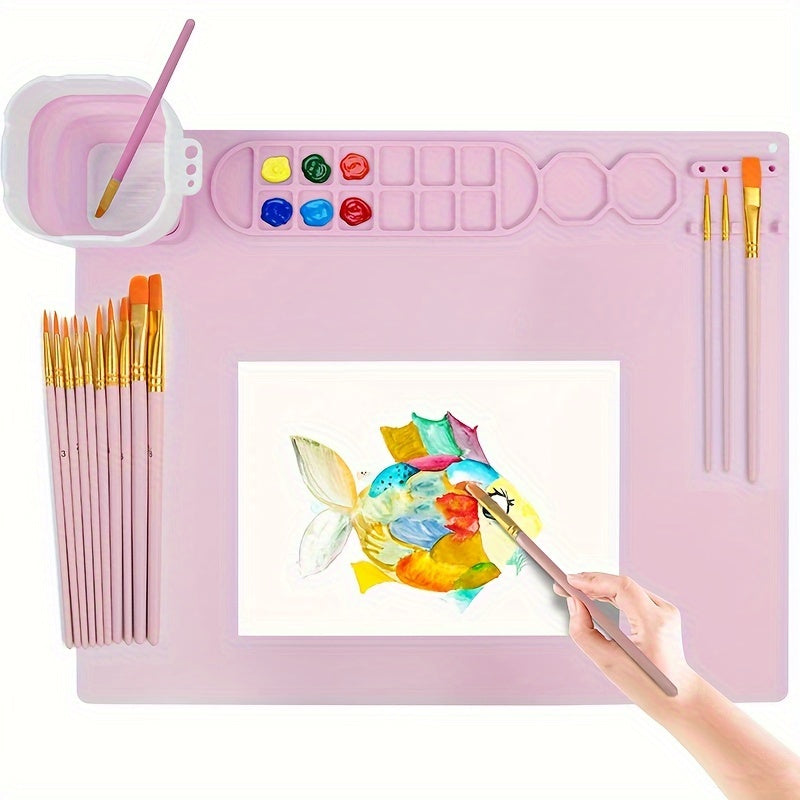 Silicone Painting Mat with Palette and Brush Holder – Durable and Flexible