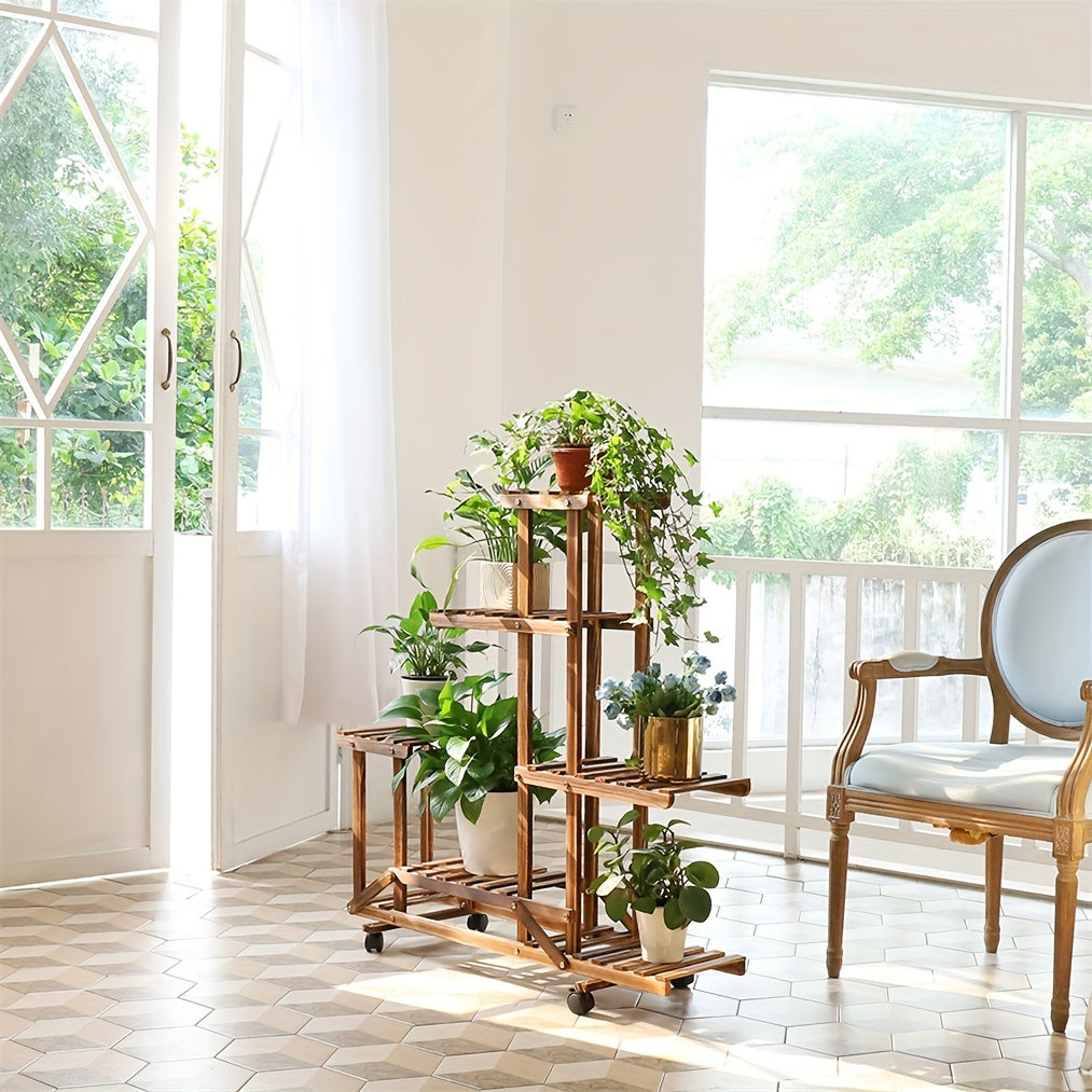 Robust 6-Tier Wooden Plant Stand – Carbonized Treatment
