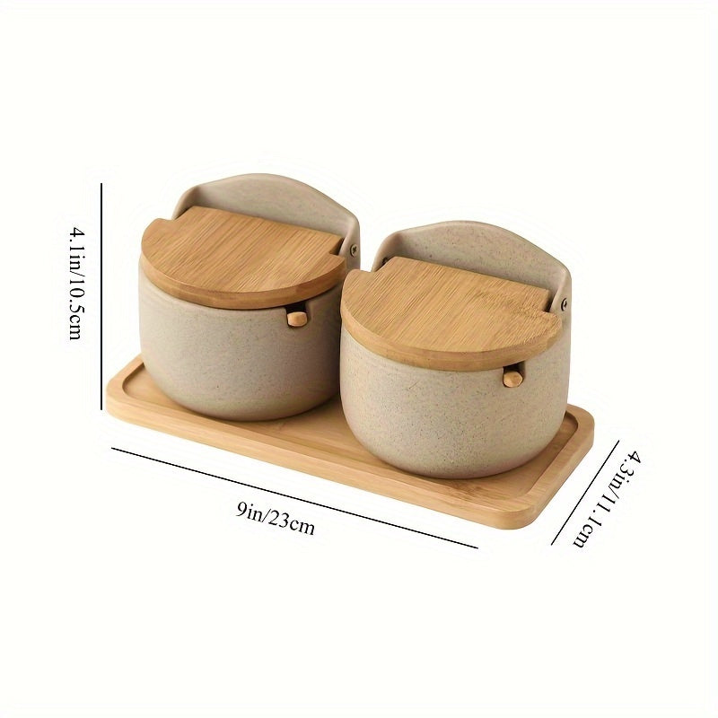 Ceramic Spice Jars Set – Durable with Bamboo Lid and Handy Tray