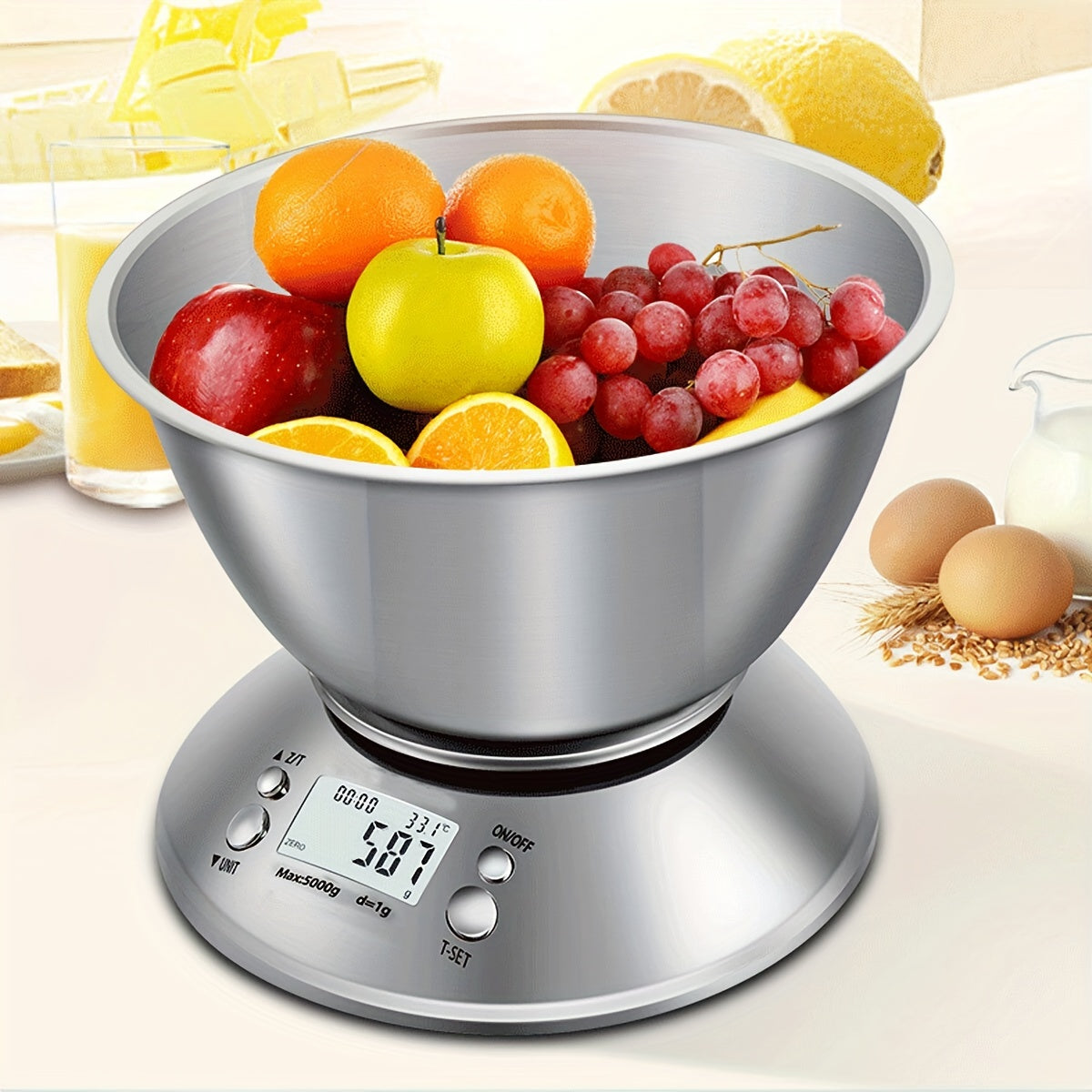 Digital Kitchen Scale with Stainless Steel Bowl – Precision with Temperature Sensor and Countdown Function for Baking and Cooking