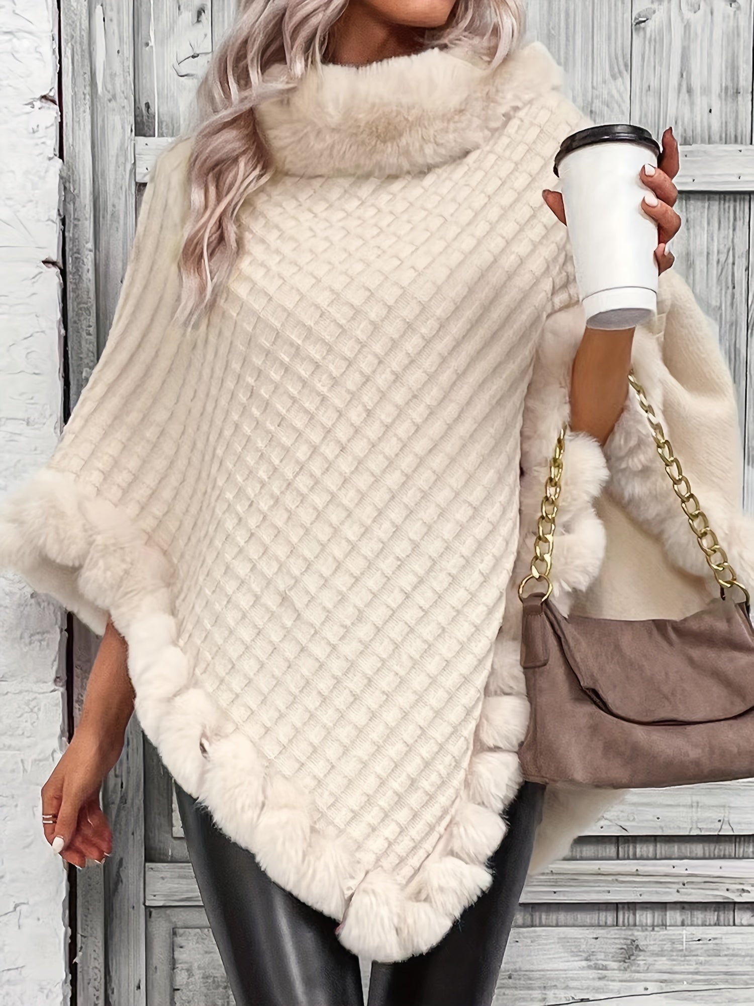 Luxury Thick Knit Turtleneck Sweater for Women - With Faux Fur Trim and Chic Pullover Cape for Winter
