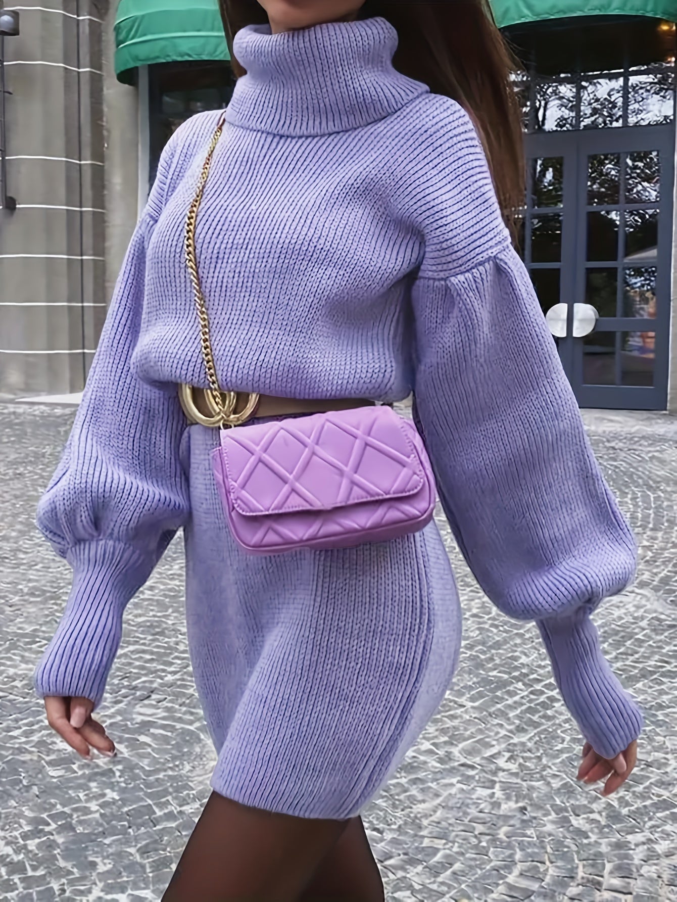 Elegant Turtleneck Sweater-Dress – Ribbed Texture and Lantern Sleeves for a Stylish Look