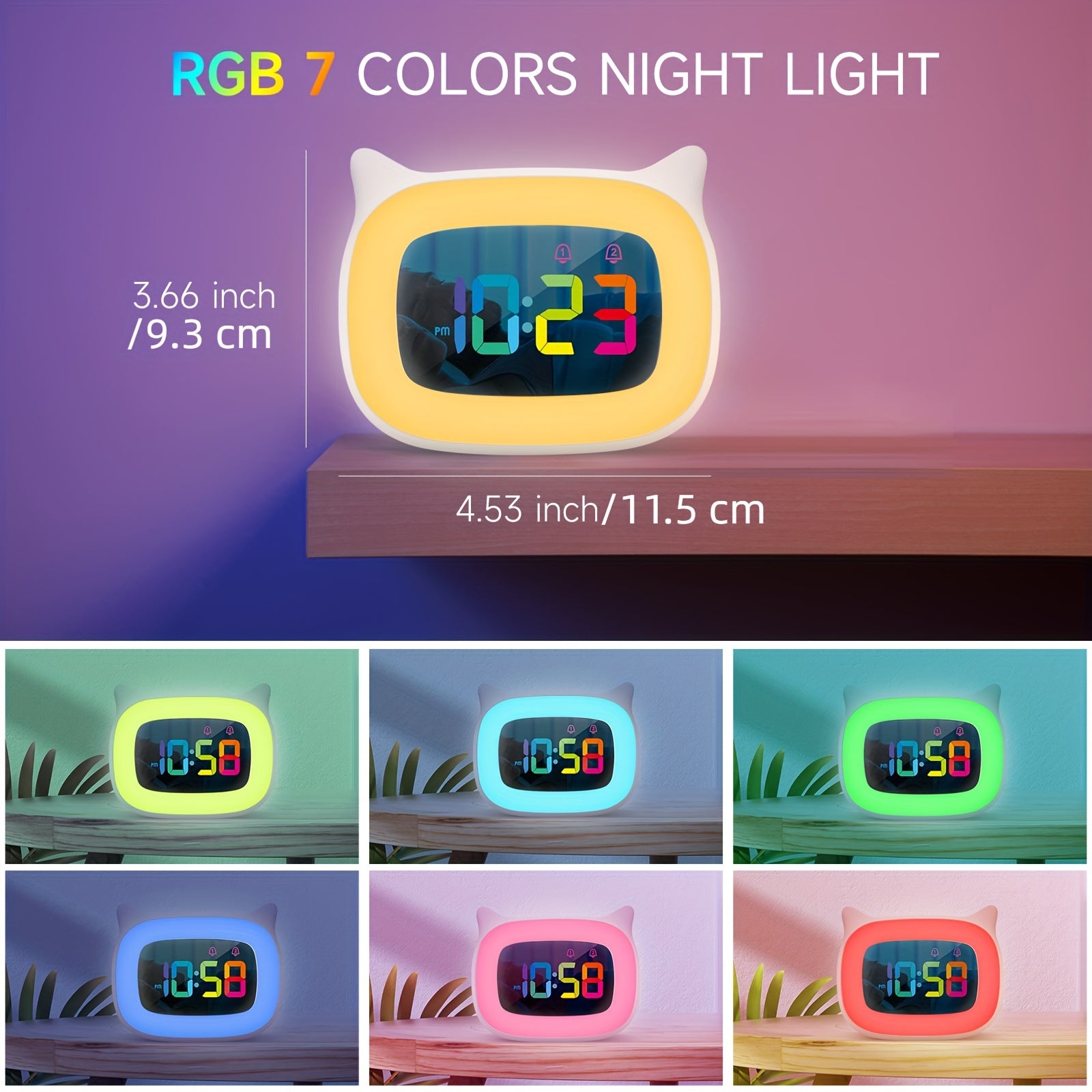 Cute Cat Ears Alarm Clock – RGB Night Light with 18 Melodies and USB Rechargeable