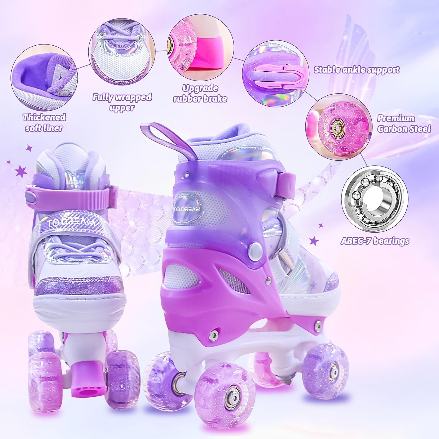 Adjustable Roller Skates for Kids – Glittering Star Pattern with Light-Up Wheels