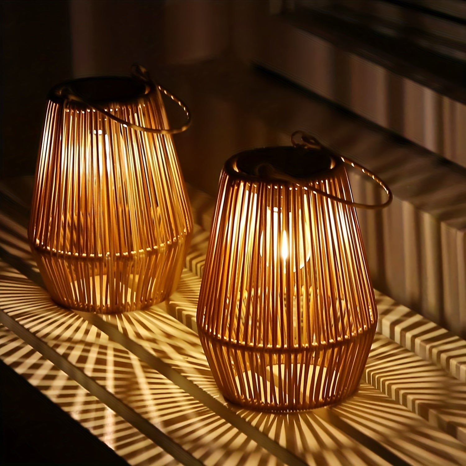 Boho Solar Hanging Lamps Set – Sustainable Wicker Lanterns for Garden and Balcony