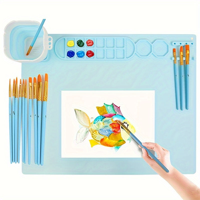 Silicone Painting Mat with Palette and Brush Holder – Durable and Flexible