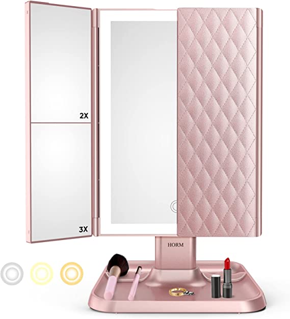 Lumière Makeup Mirror with LED Lighting – Adjustable Magnification and Stylish Storage