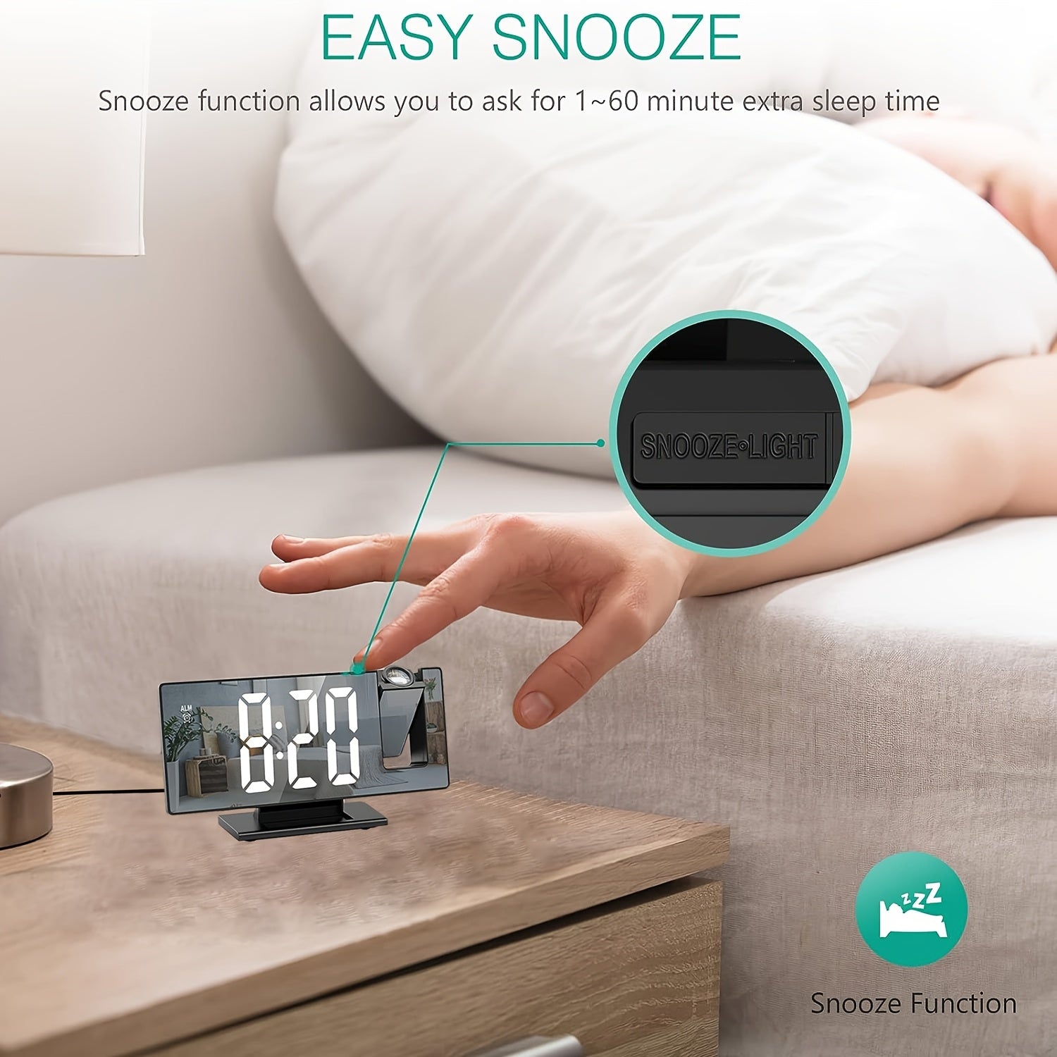 LED Projection Alarm Clock with 180° Adjustable Projection – Clear Display and Snooze Function for Bedroom or Office