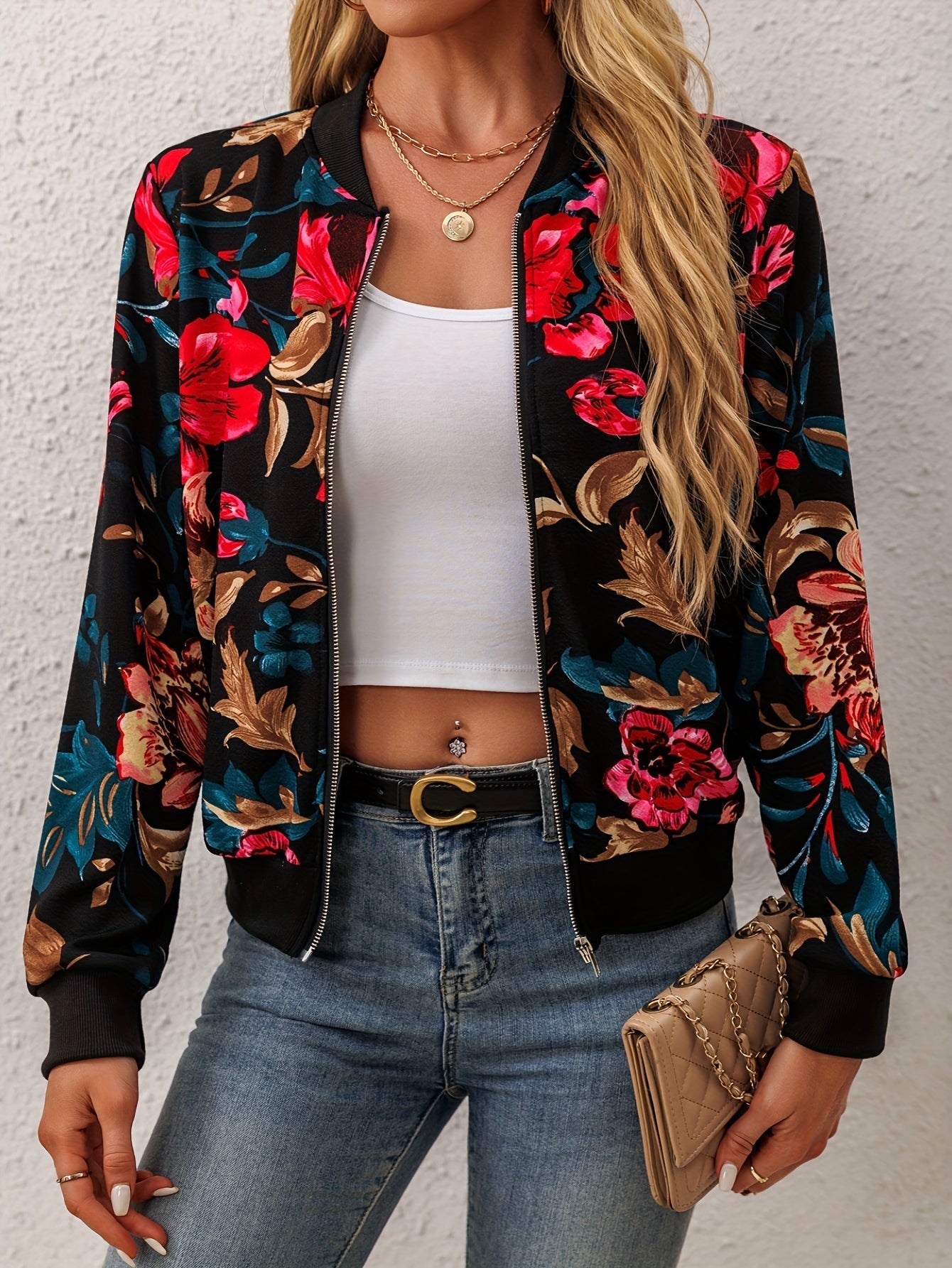 Elegant Floral Bomber Jacket – Trendy and Comfortable for Spring and Autumn