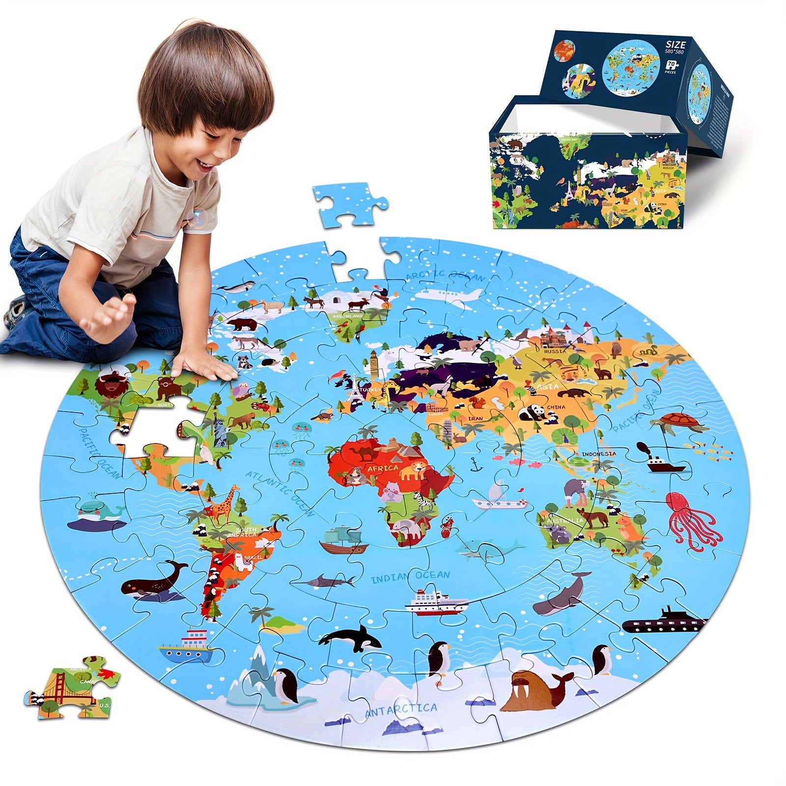 70-Piece Animal Floor Puzzle – Round World Map Design for Kids