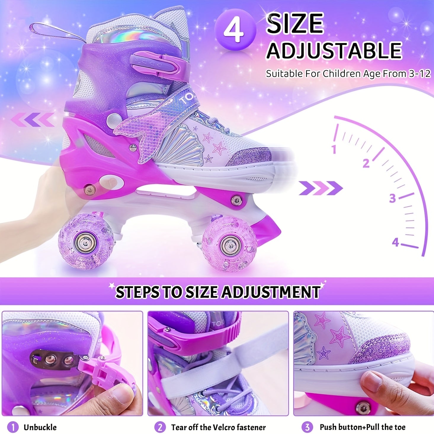 Adjustable Roller Skates for Kids – Glittering Star Pattern with Light-Up Wheels