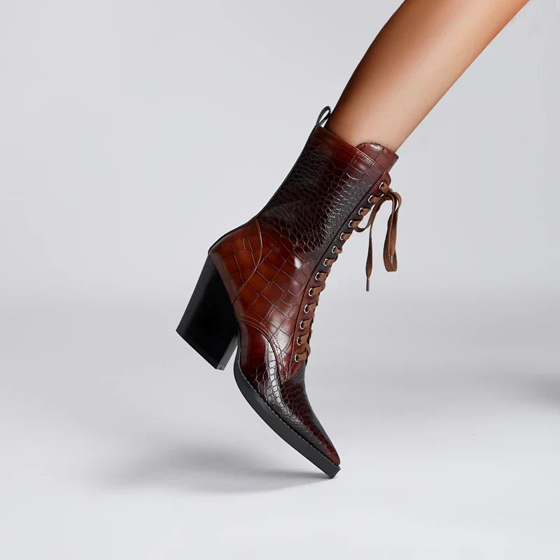 Ladies' Lace-Up Boots with Croc Pattern – Western Style with Pointed Toe
