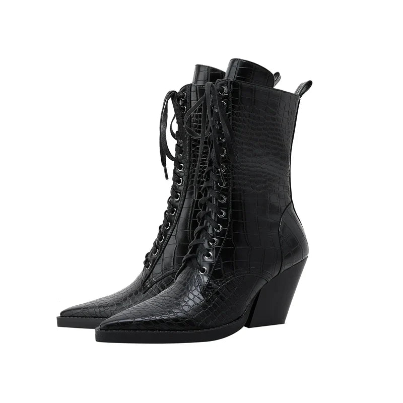 Ladies' Lace-Up Boots with Croc Pattern – Western Style with Pointed Toe