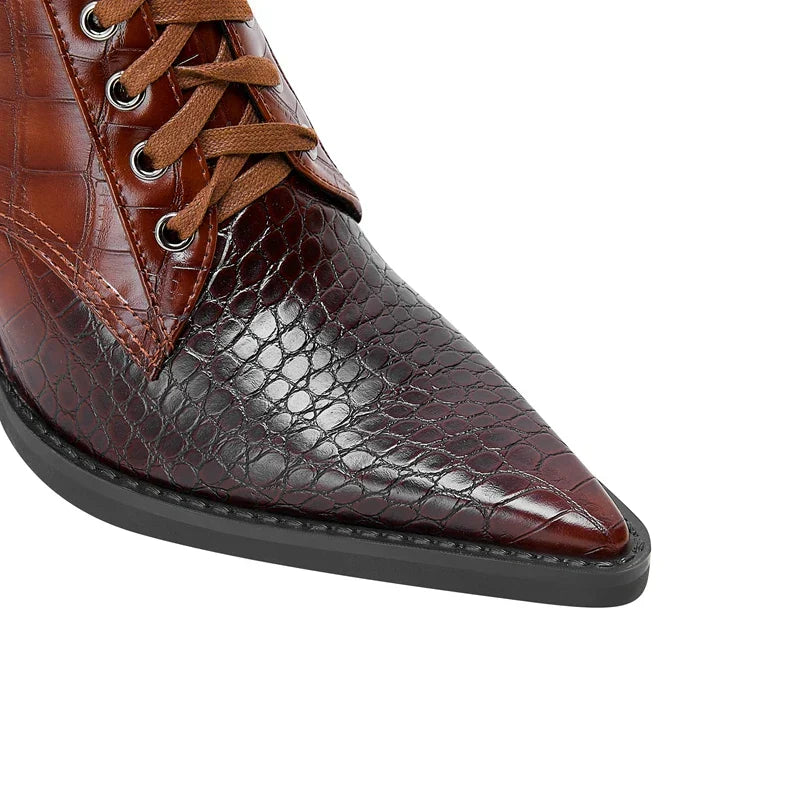 Ladies' Lace-Up Boots with Croc Pattern – Western Style with Pointed Toe