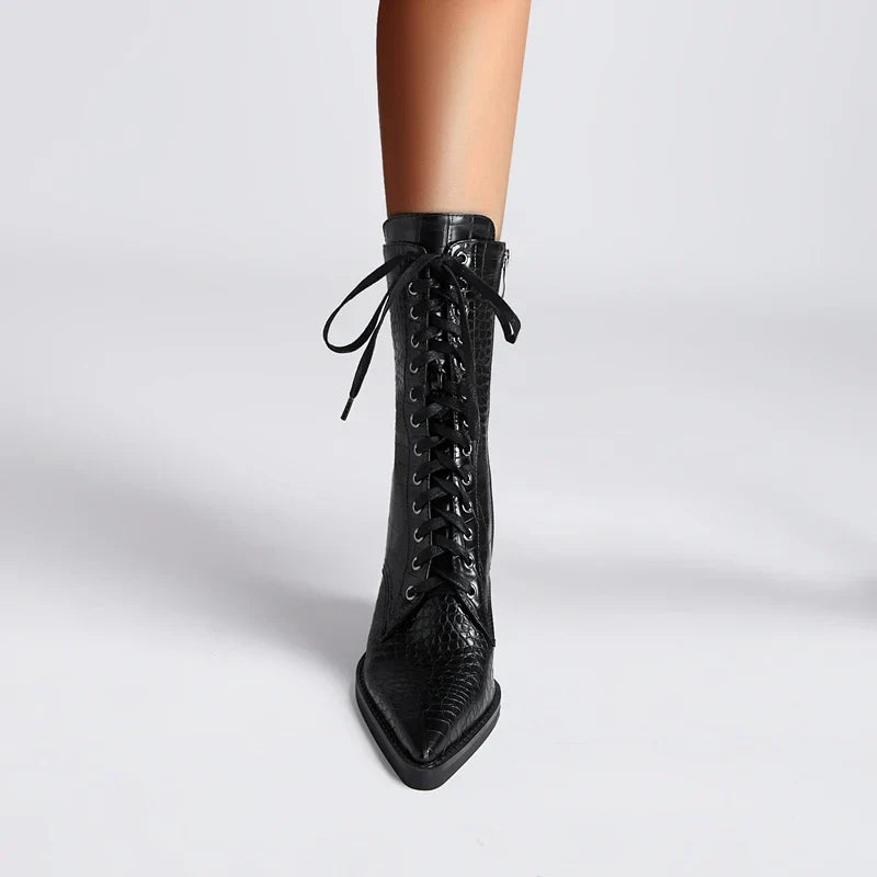 Ladies' Lace-Up Boots with Croc Pattern – Western Style with Pointed Toe