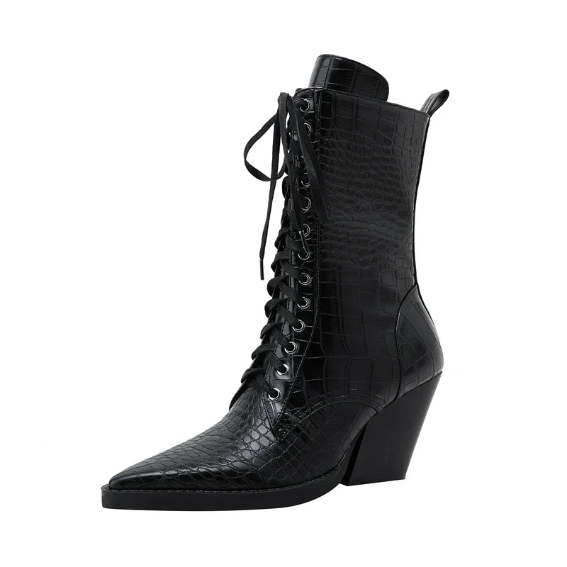 Ladies' Lace-Up Boots with Croc Pattern – Western Style with Pointed Toe