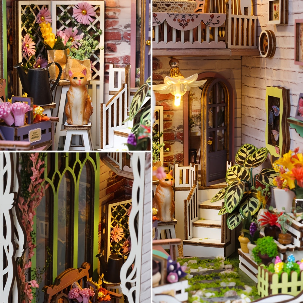 3D Wooden Puzzle House – White Flower House with Lighting and Dust Cover