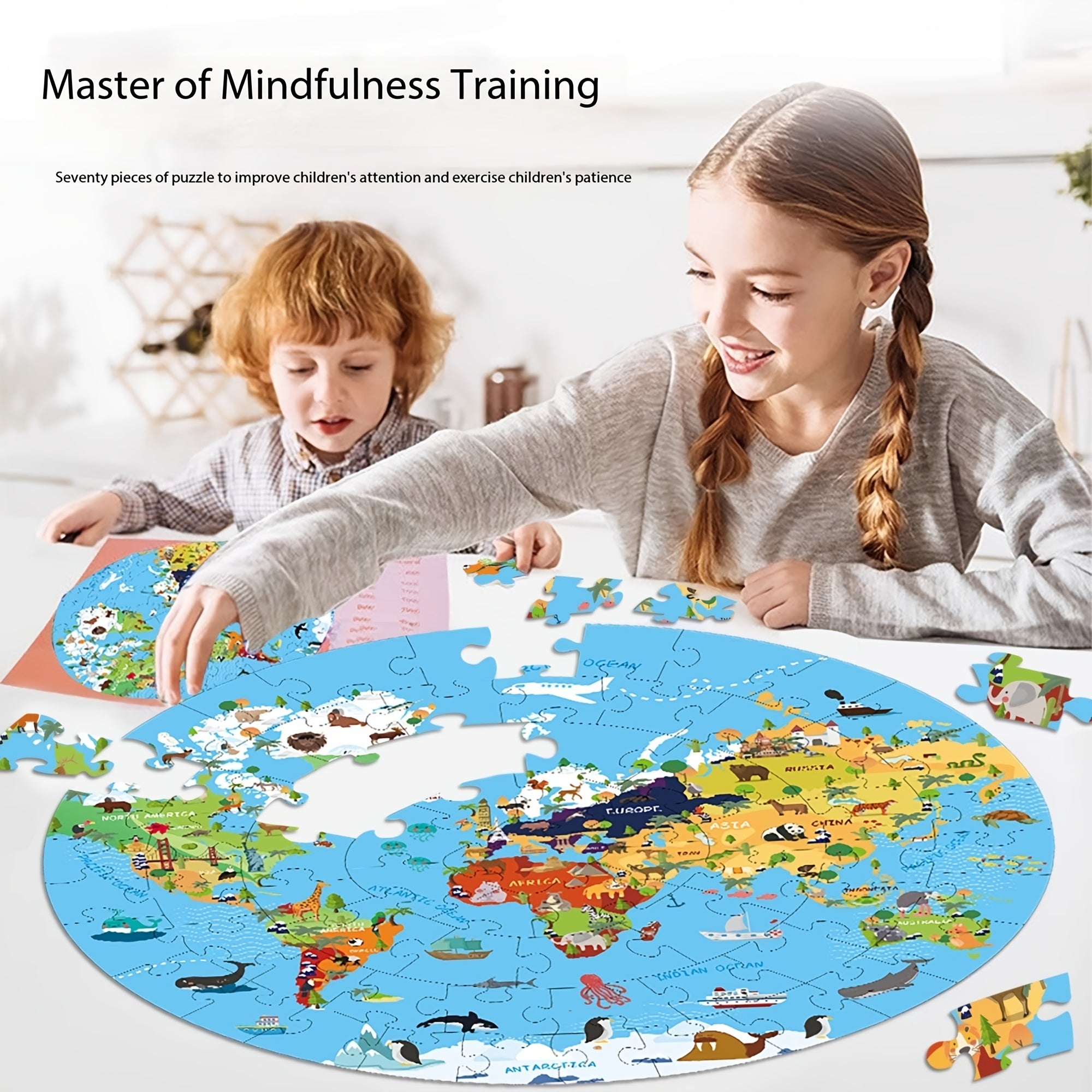 70-Piece Animal Floor Puzzle – Round World Map Design for Kids