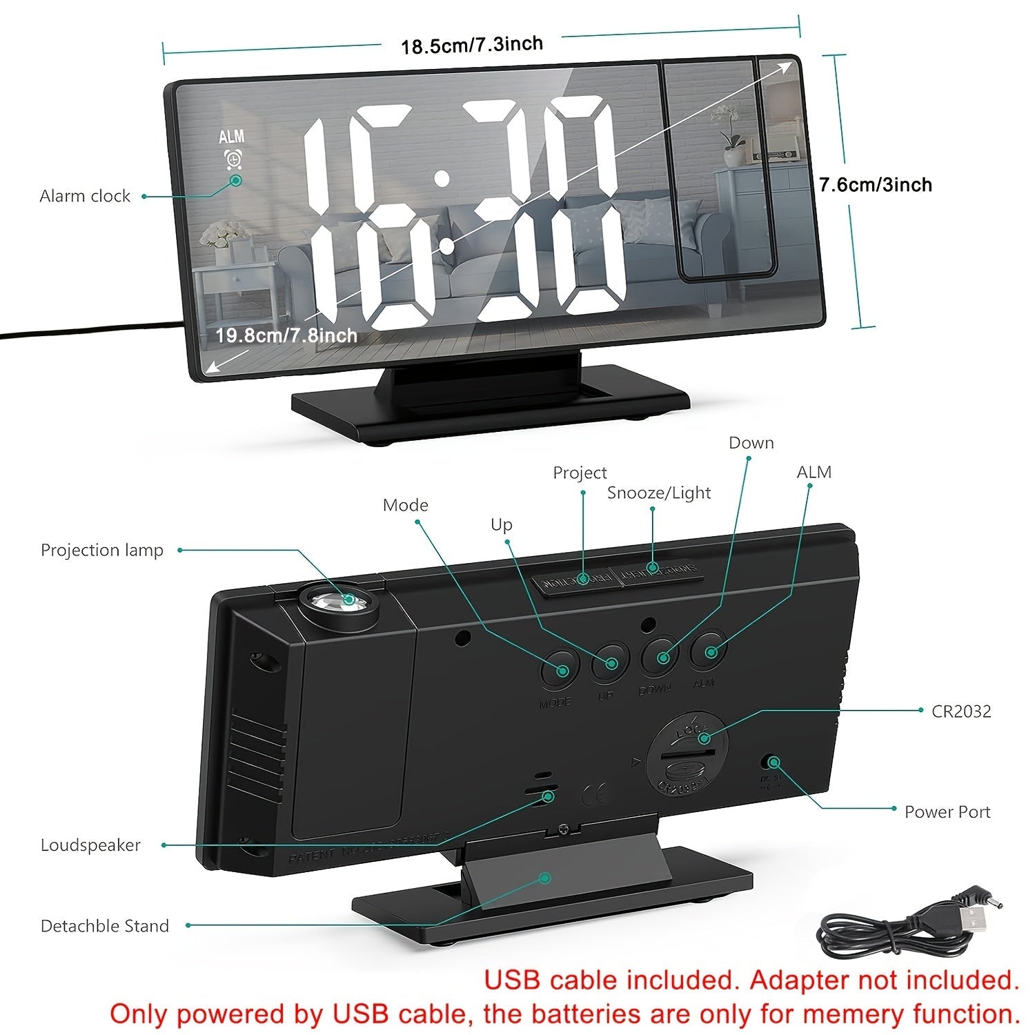 LED Projection Alarm Clock with 180° Adjustable Projection – Clear Display and Snooze Function for Bedroom or Office