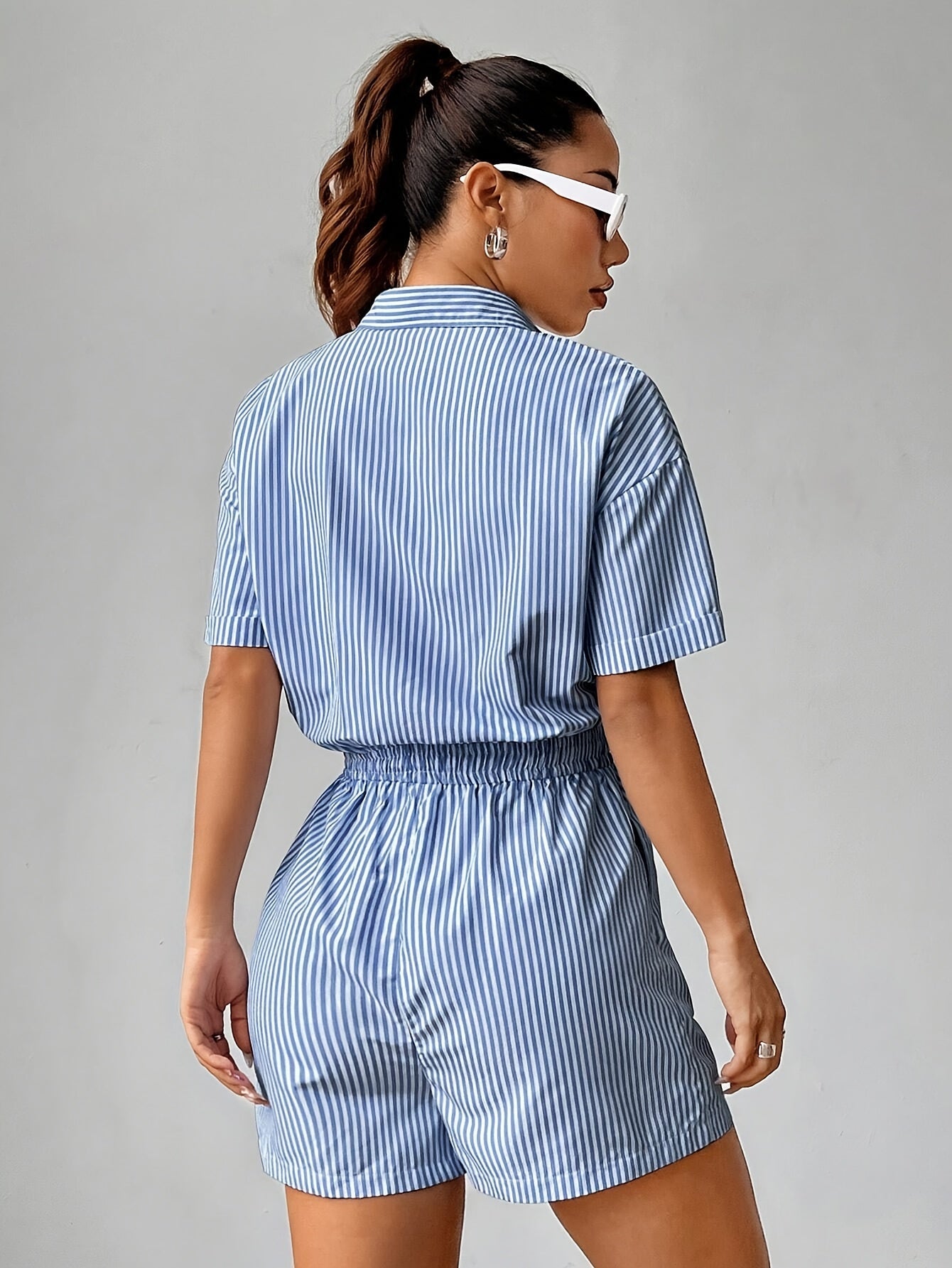 Striped Polyester Jumpsuit for Women – Short Sleeves and Collar for Summer Outfits