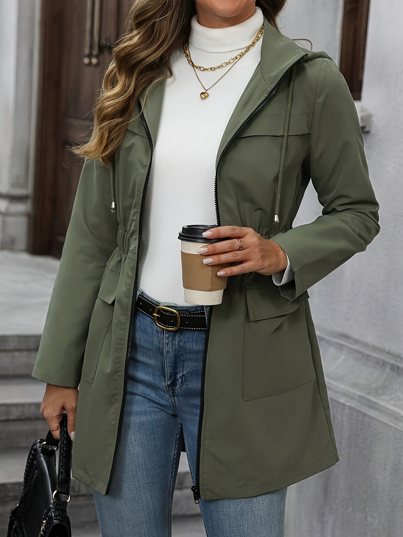 Casual Mid-Length Jacket with Hood and Waistband – Suitable for Weekends and Casual Days