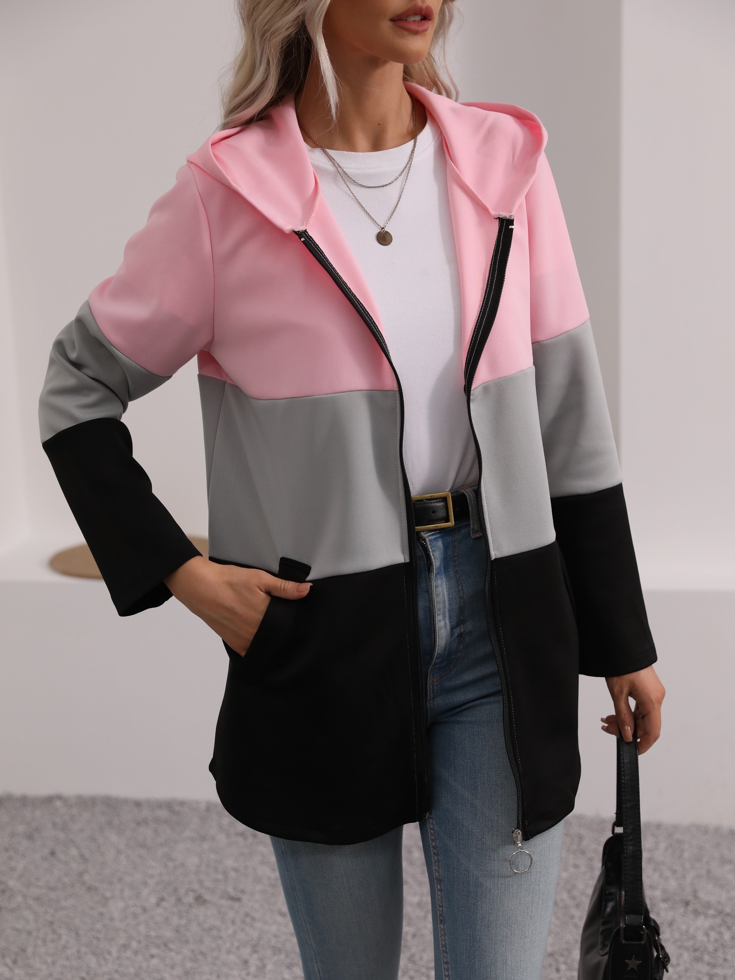 Color Block Zip-Up Hooded Jacket – Stylish and Comfortable for Casual Outfits