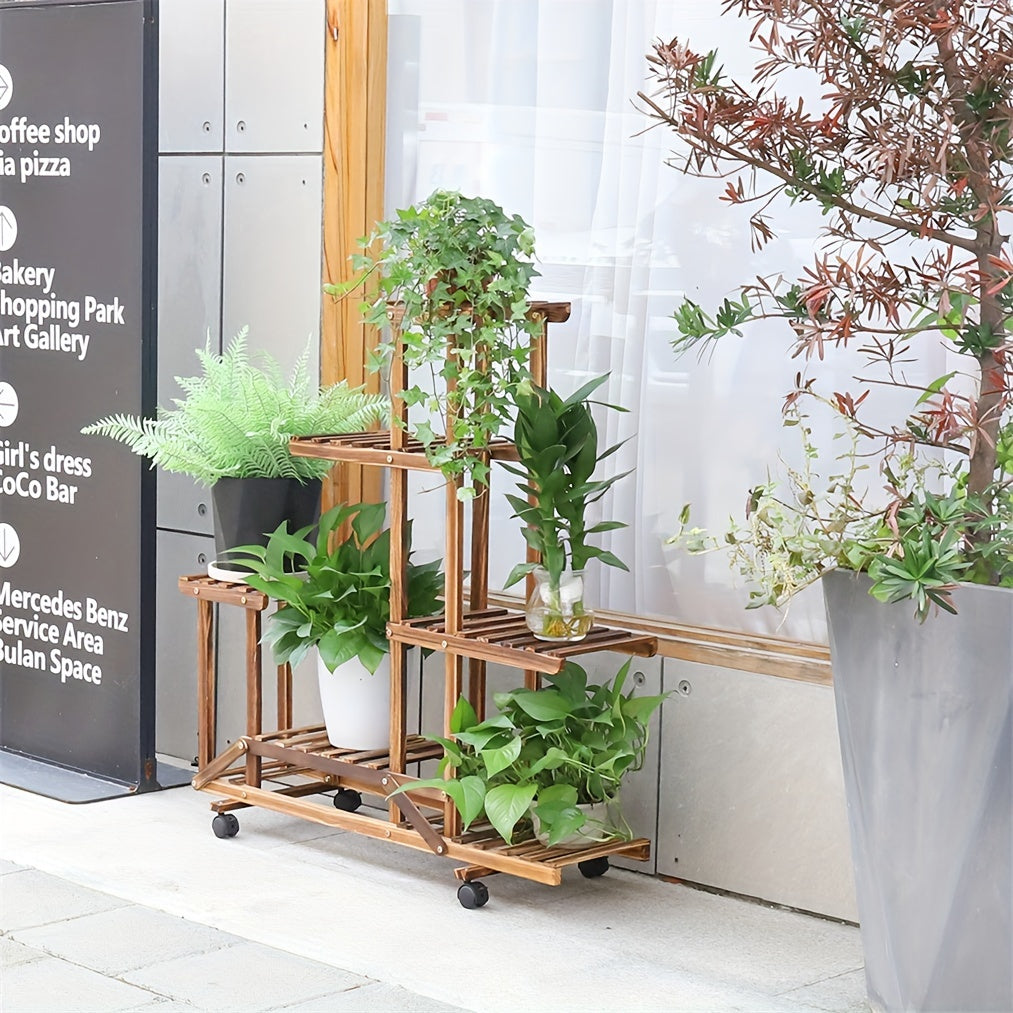 Robust 6-Tier Wooden Plant Stand – Carbonized Treatment