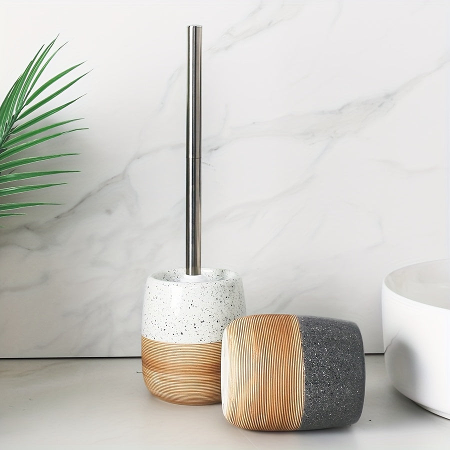 Elegant Ceramic Toilet Brush Set – Wood-Like Base and Stainless Steel Handle