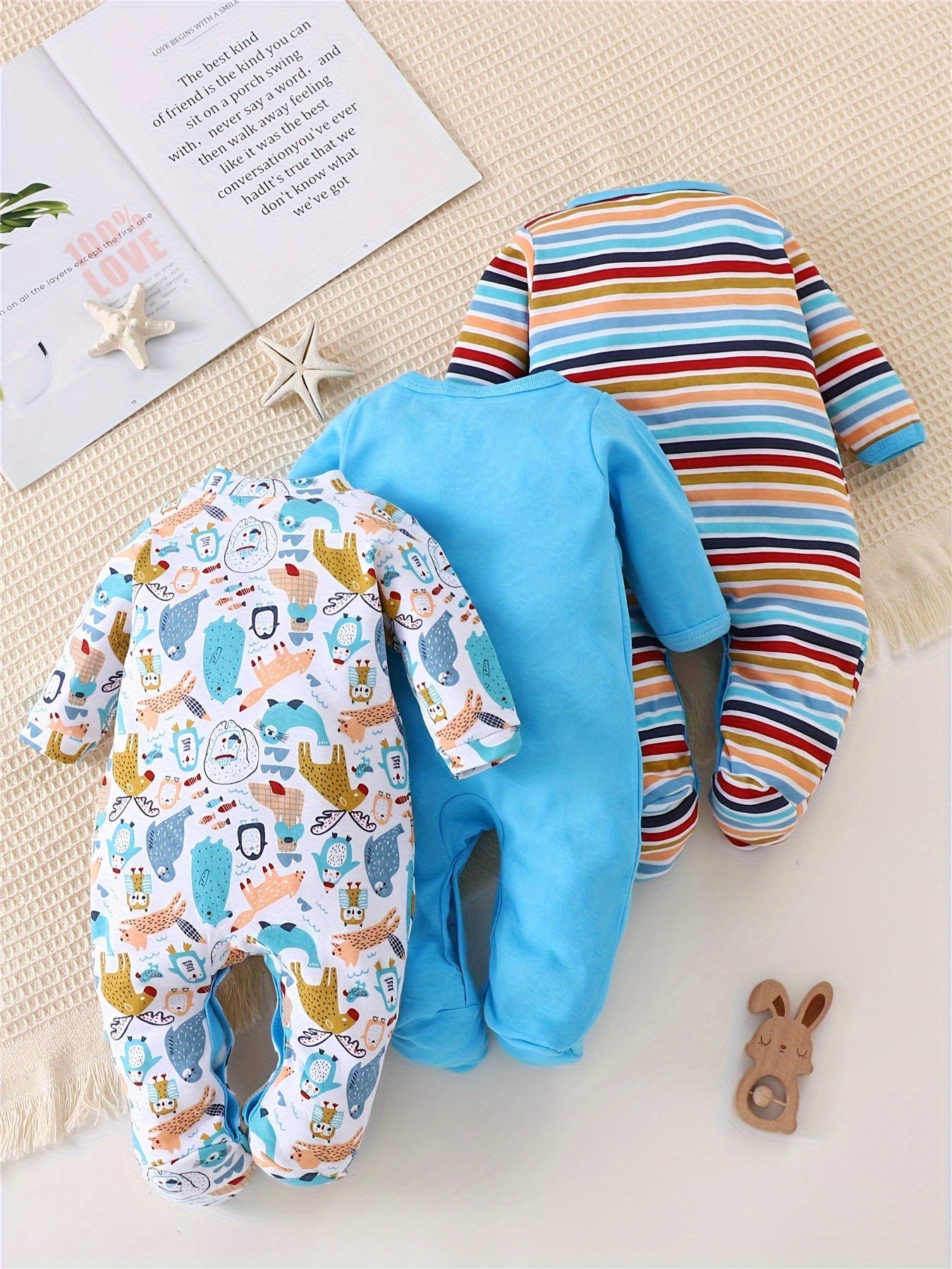 3-Piece Baby Romper Set with Animal Prints – Long Sleeves for Outdoor Activities
