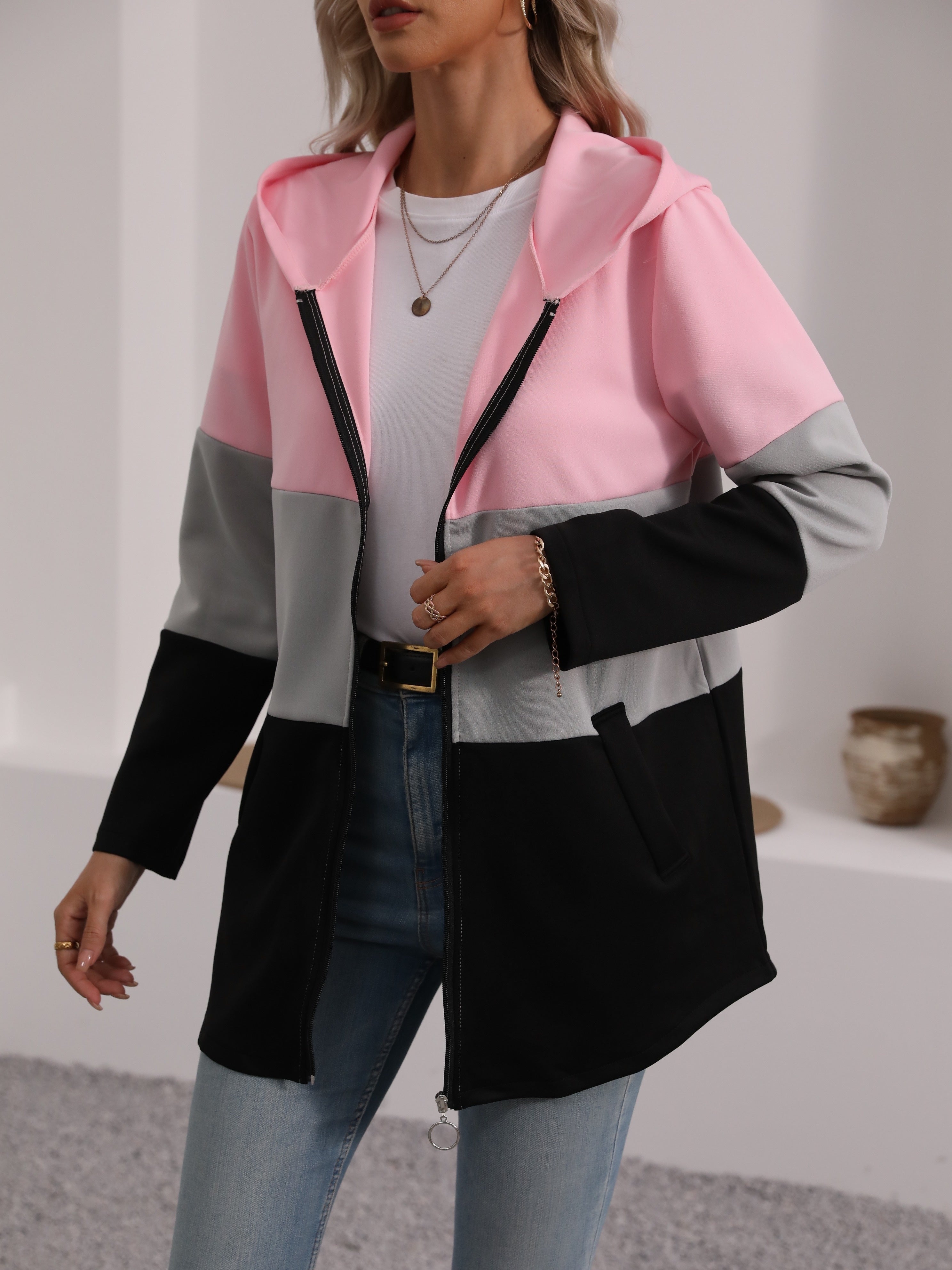 Color Block Zip-Up Hooded Jacket – Stylish and Comfortable for Casual Outfits