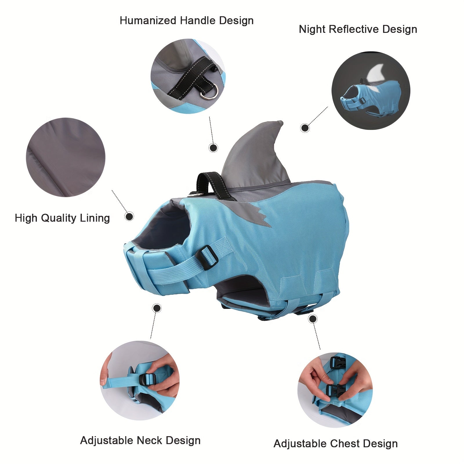 Reflective Shark Dog Swim Vest – Safety Vest for Pets with Handle and Adjustable Straps