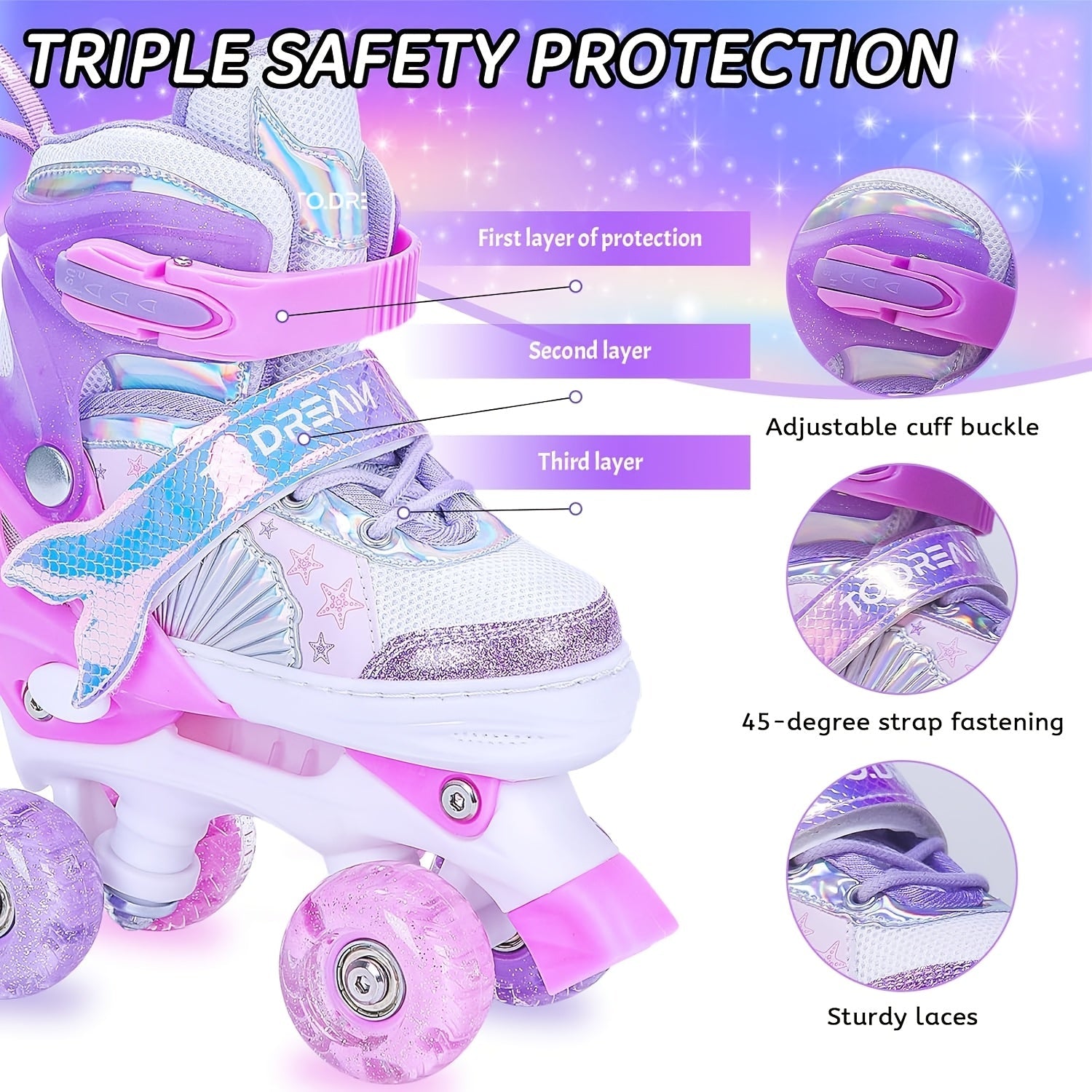 Adjustable Roller Skates for Kids – Glittering Star Pattern with Light-Up Wheels